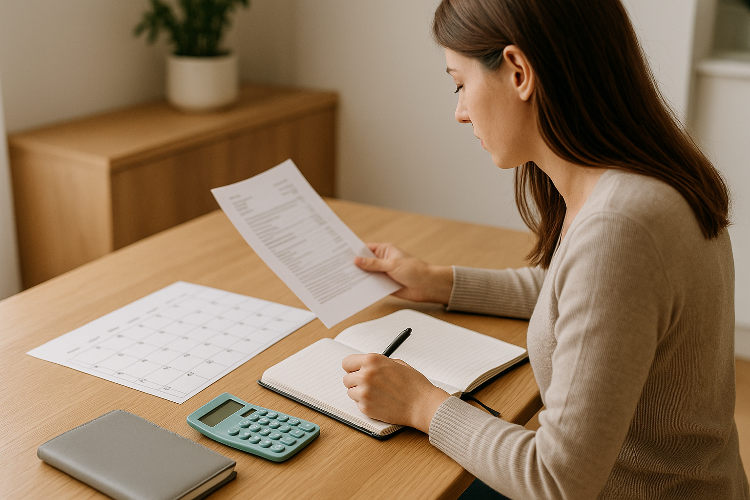 Donna che pianifica budget e documenti per gestire rischi e assicurazioni nella vita quotidiana