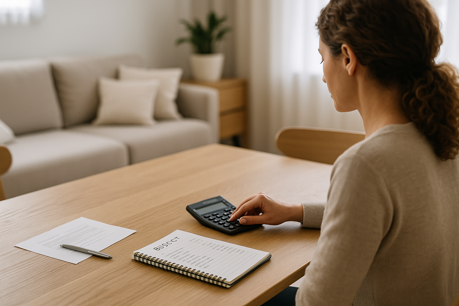 Tavolo di casa con quaderno del budget e calcolatrice per pianificare la stabilità finanziaria familiare