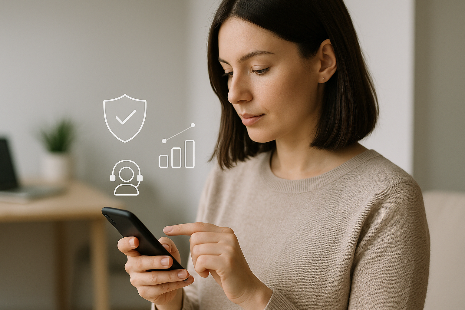 Donna che gestisce servizi assicurativi digitali dal telefono con simboli di protezione e dati