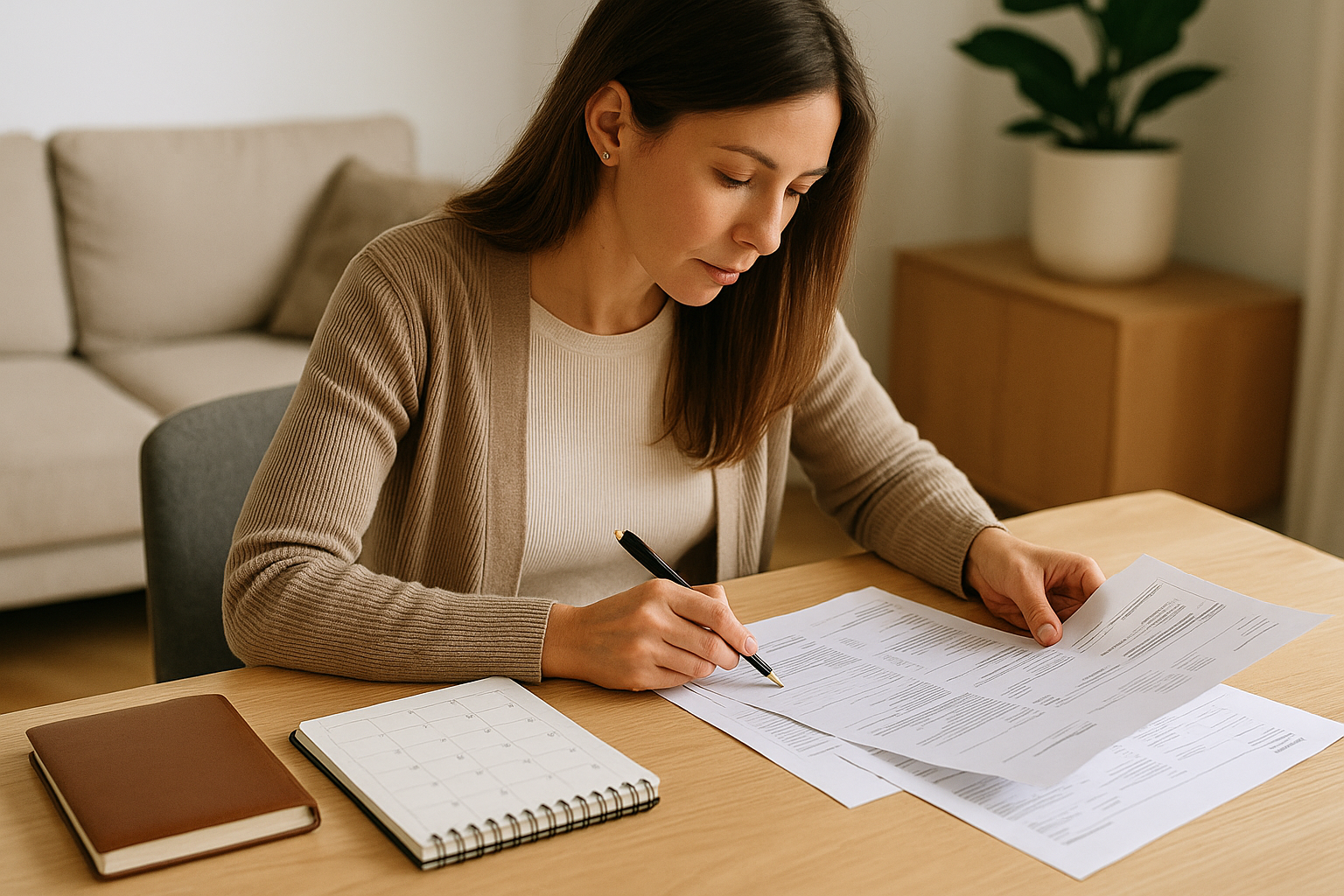 Donna che pianifica le proprie finanze con documenti, taccuino e calendario su un tavolo