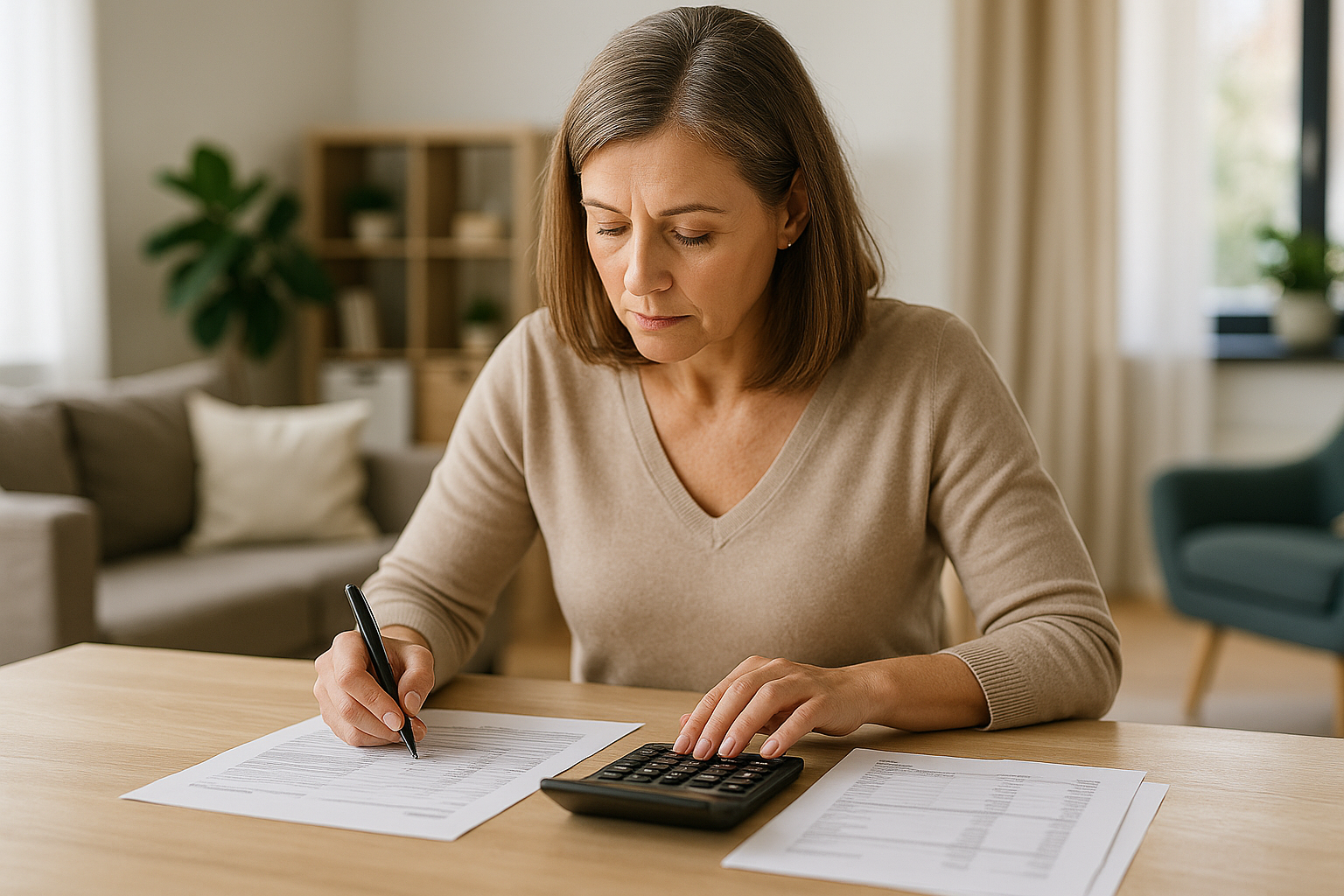 Donna che pianifica budget e protezione finanziaria con documenti e calcolatrice