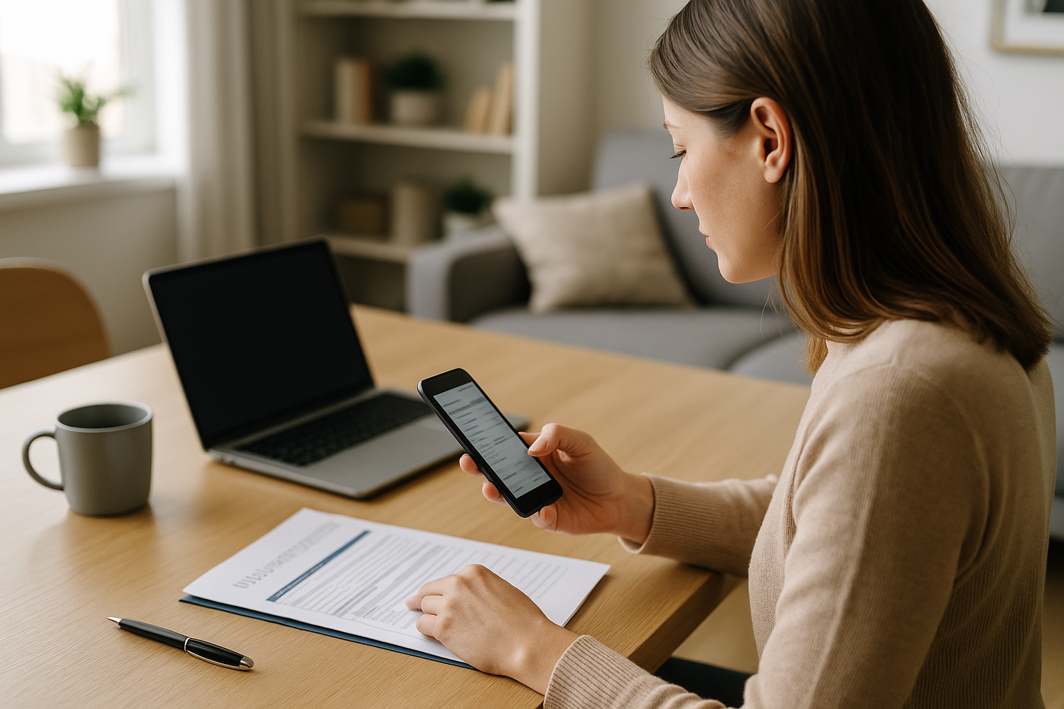 Donna che gestisce servizi assicurativi digitali dallo smartphone in casa