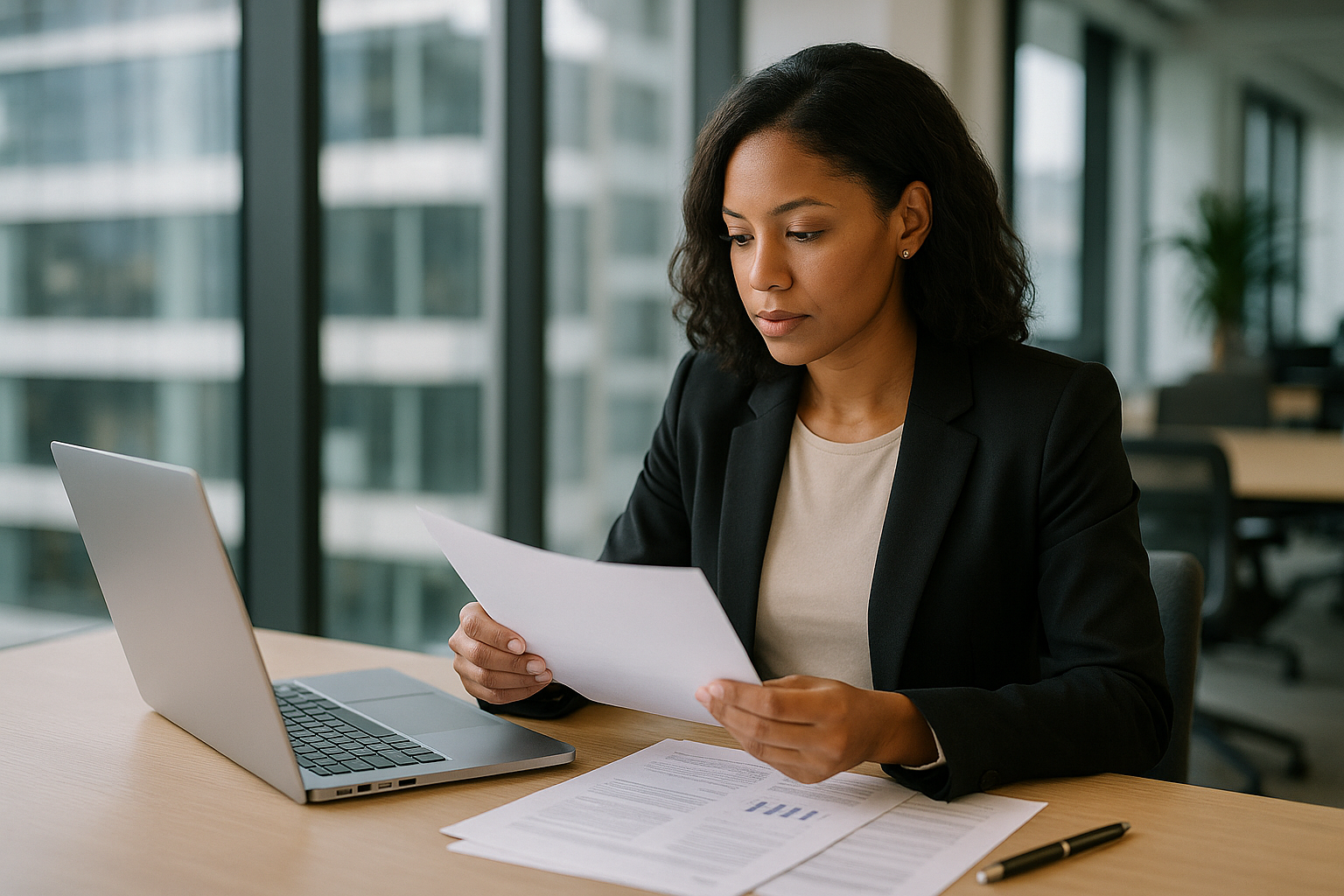 Donna che valuta documenti assicurativi al computer in un contesto di lavoro moderno