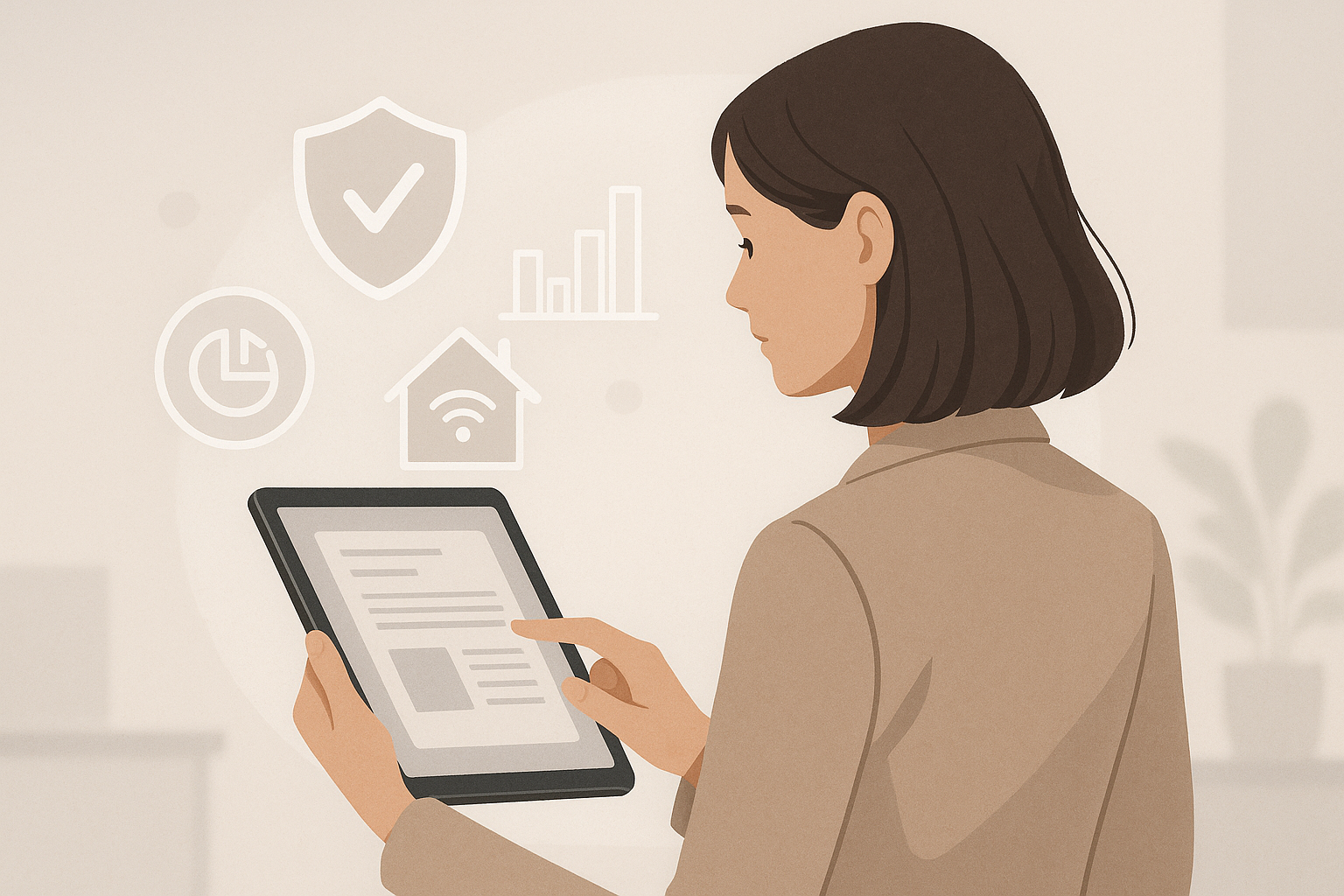 Donna che consulta una polizza digitale con simboli di protezione e tecnologia