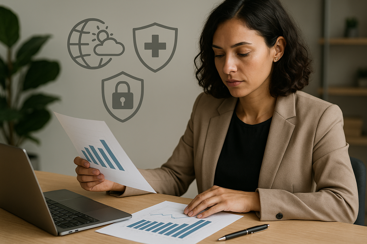 Donna che analizza opzioni di protezione assicurativa tra rischi climatici, salute e sicurezza digitale