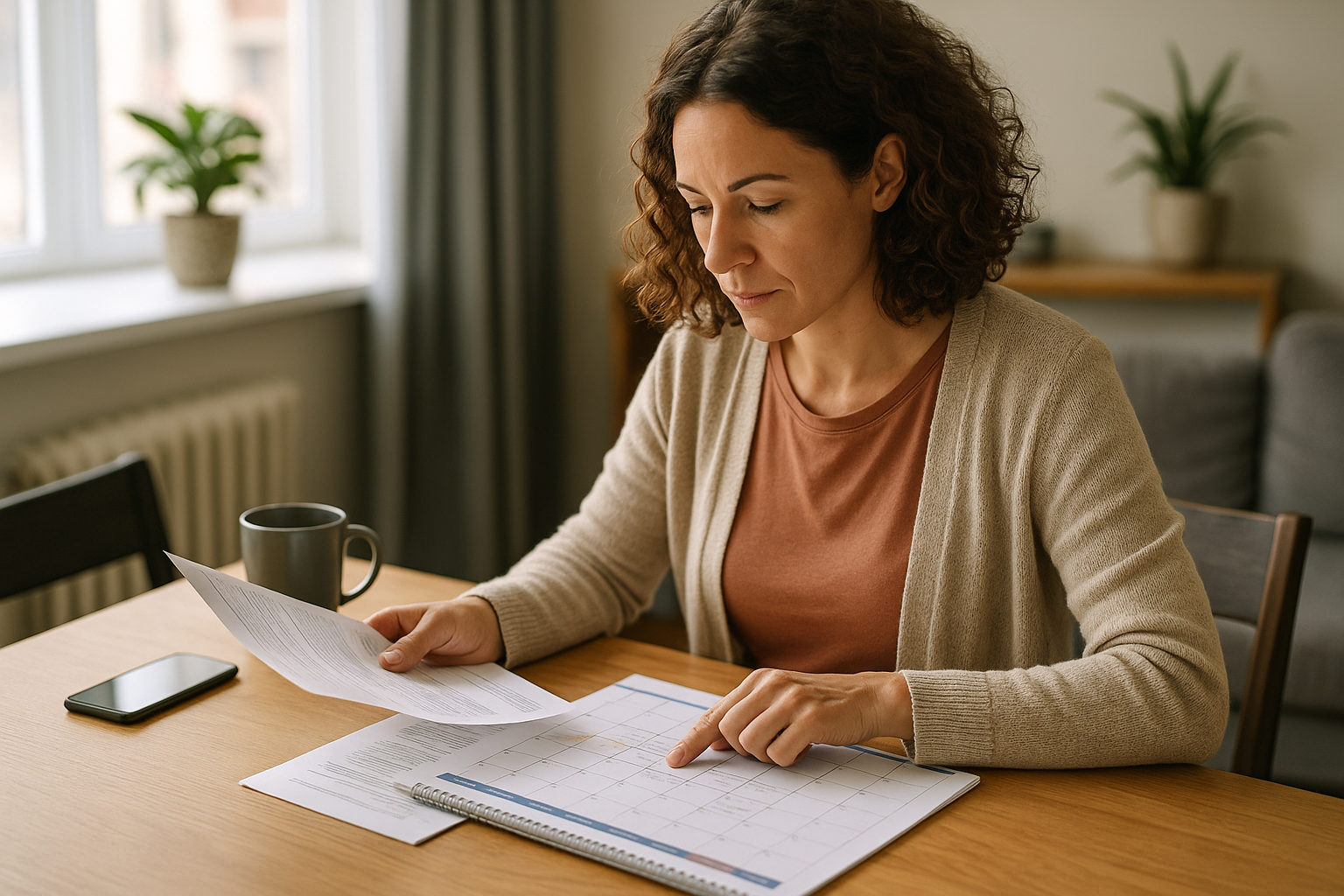 Donna che valuta coperture assicurative personali leggendo documenti e pianificando spese