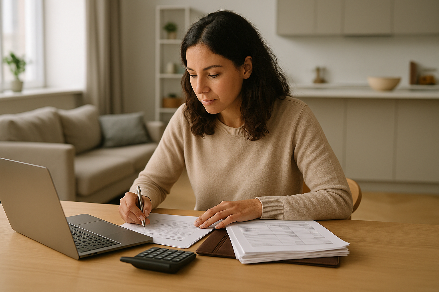 Donna che pianifica budget e documenti per gestire imprevisti e protezione assicurativa