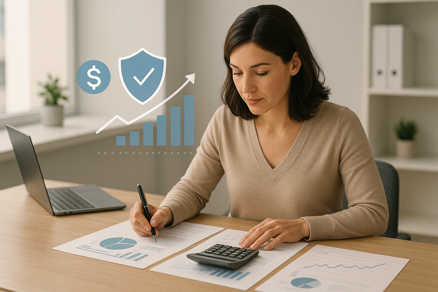 Donna che pianifica il budget e la protezione finanziaria con documenti e grafici