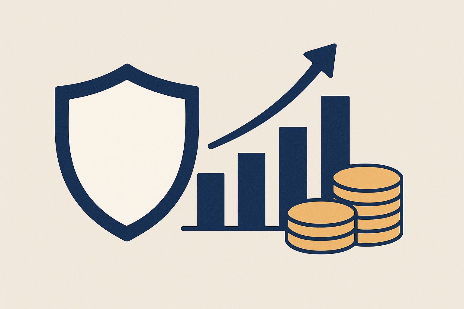 Illustrazione minimal con scudo e grafico economico a rappresentare la protezione assicurativa e la stabilità finanziaria