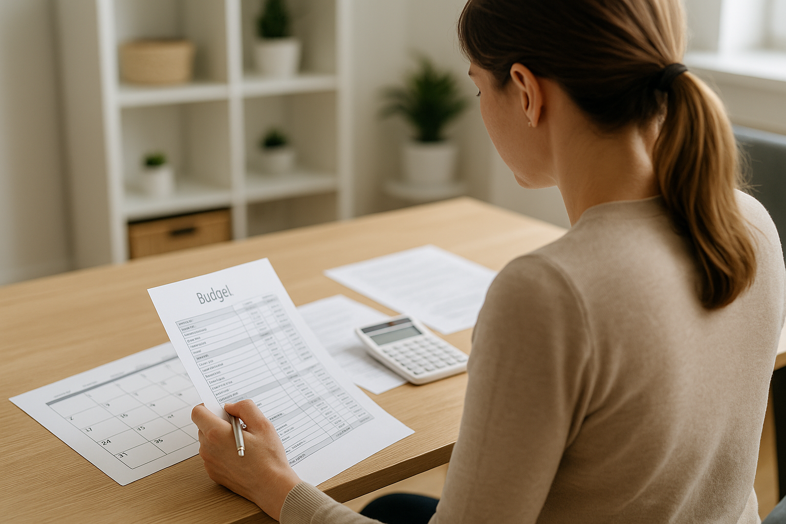 Donna che pianifica il budget e valuta la protezione del reddito con documenti e calendario sul tavolo