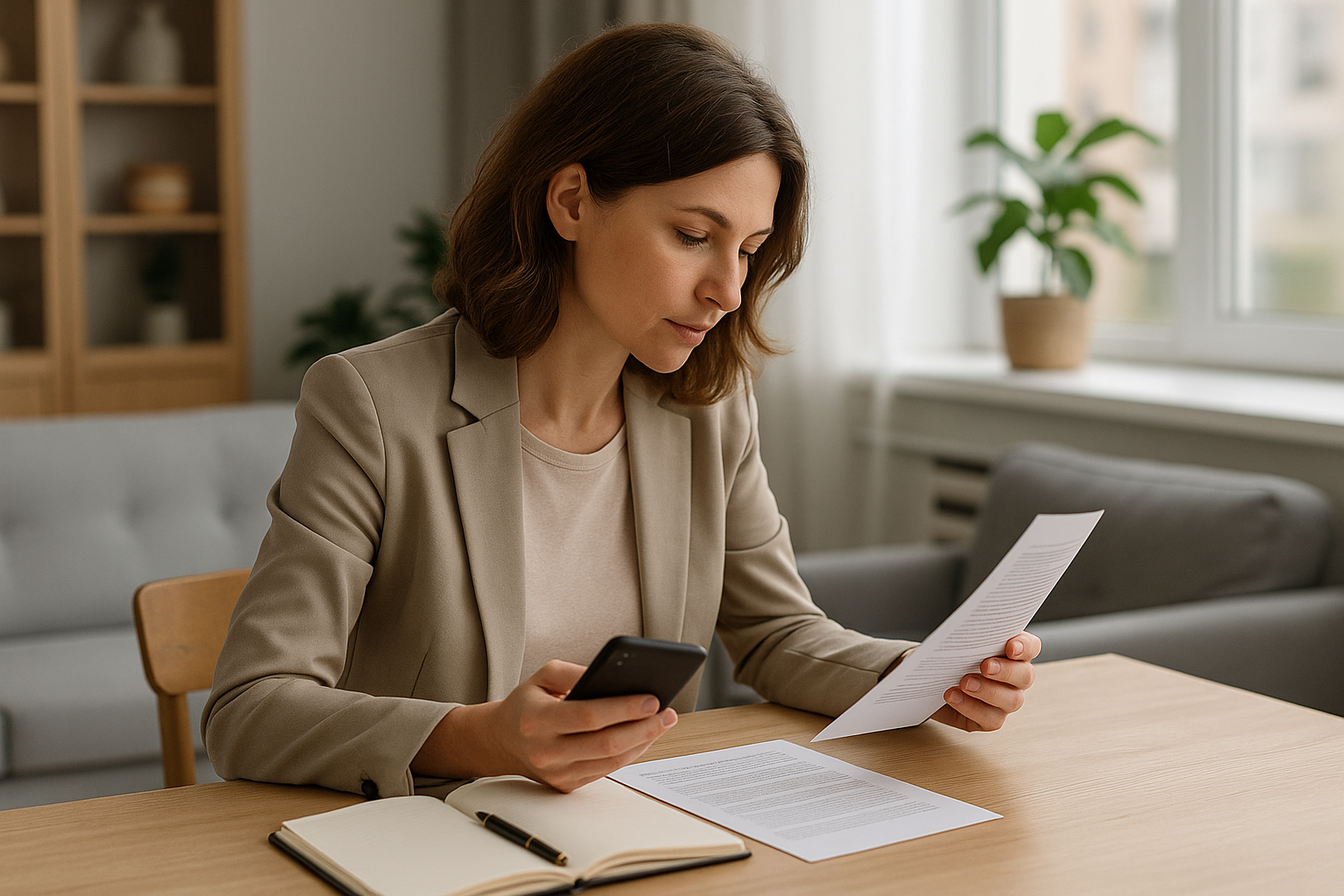 Donna che valuta opzioni di protezione personale tra documenti e smartphone in un ambiente domestico