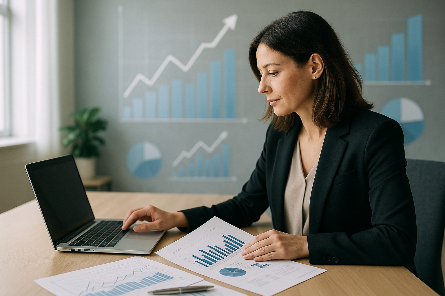 Donna che pianifica budget e protezione finanziaria con documenti e laptop