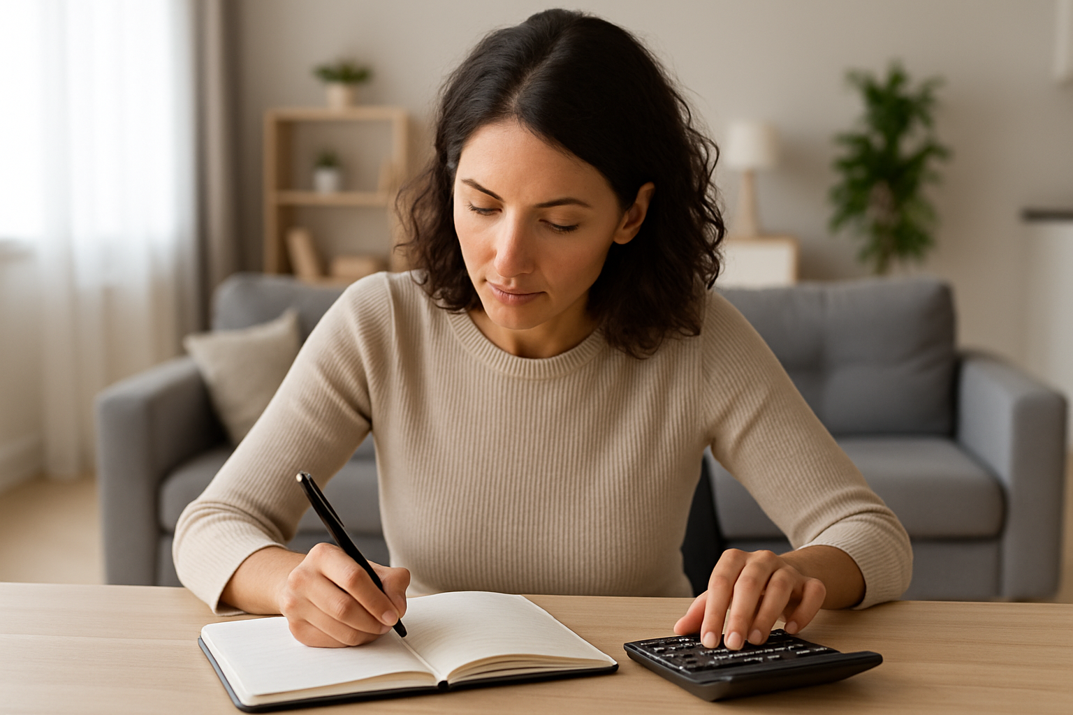 Donna che organizza il budget e pianifica le spese su un quaderno