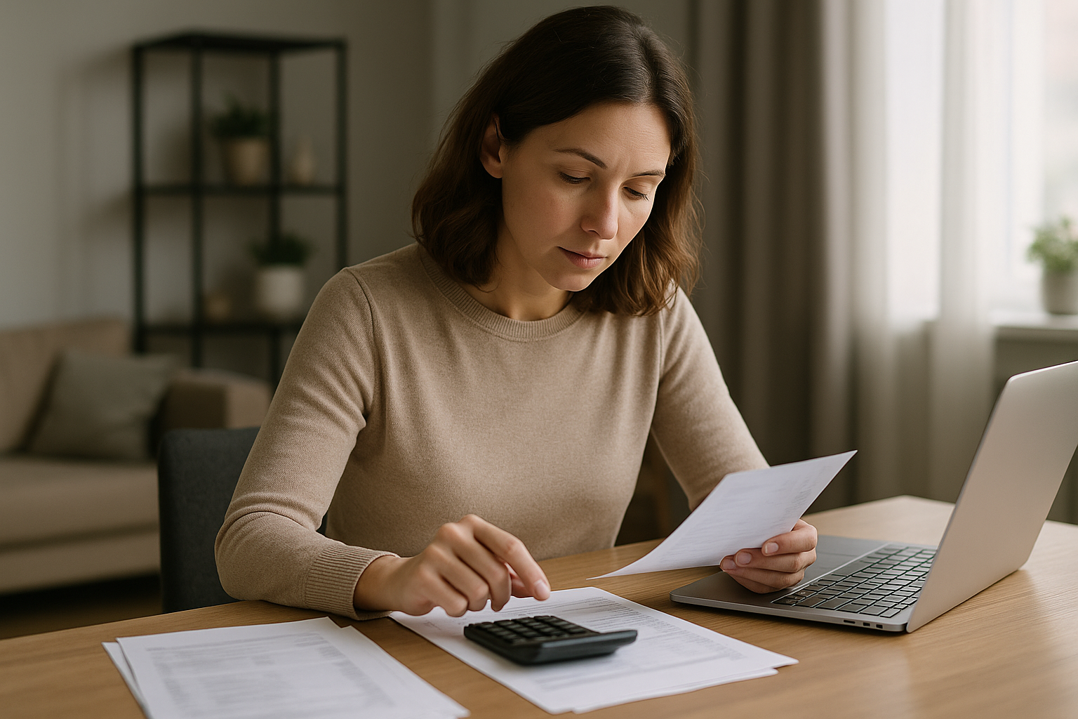 Donna che pianifica il budget domestico valutando strumenti di protezione economica
