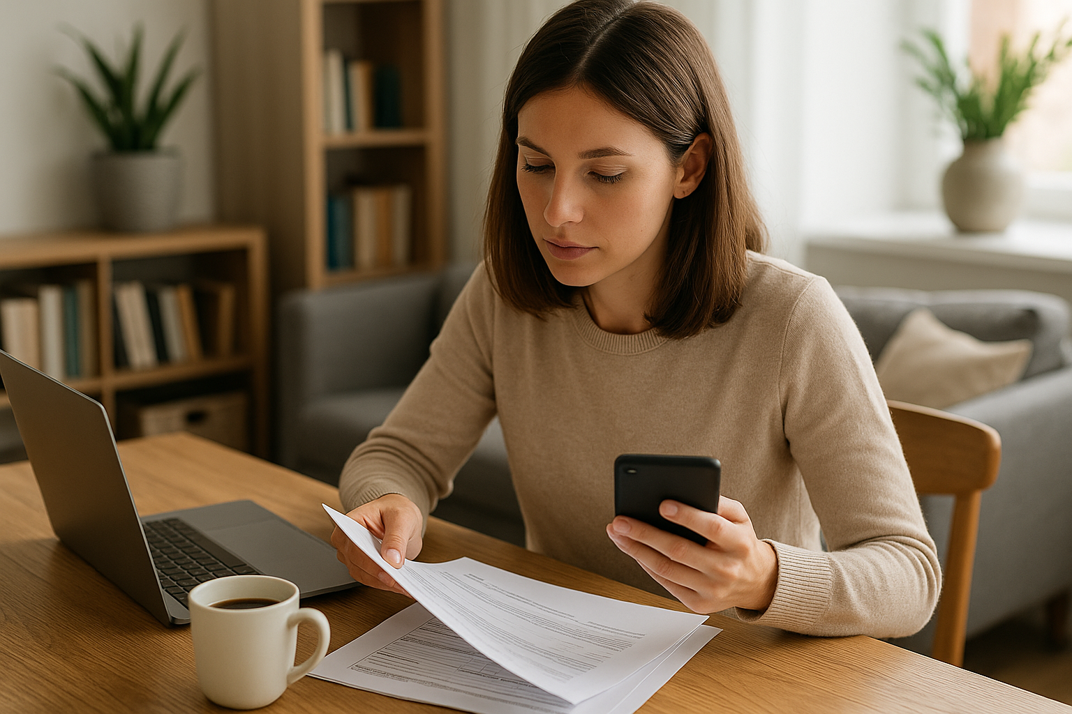 Donna che gestisce documenti assicurativi e app di servizi finanziari da casa