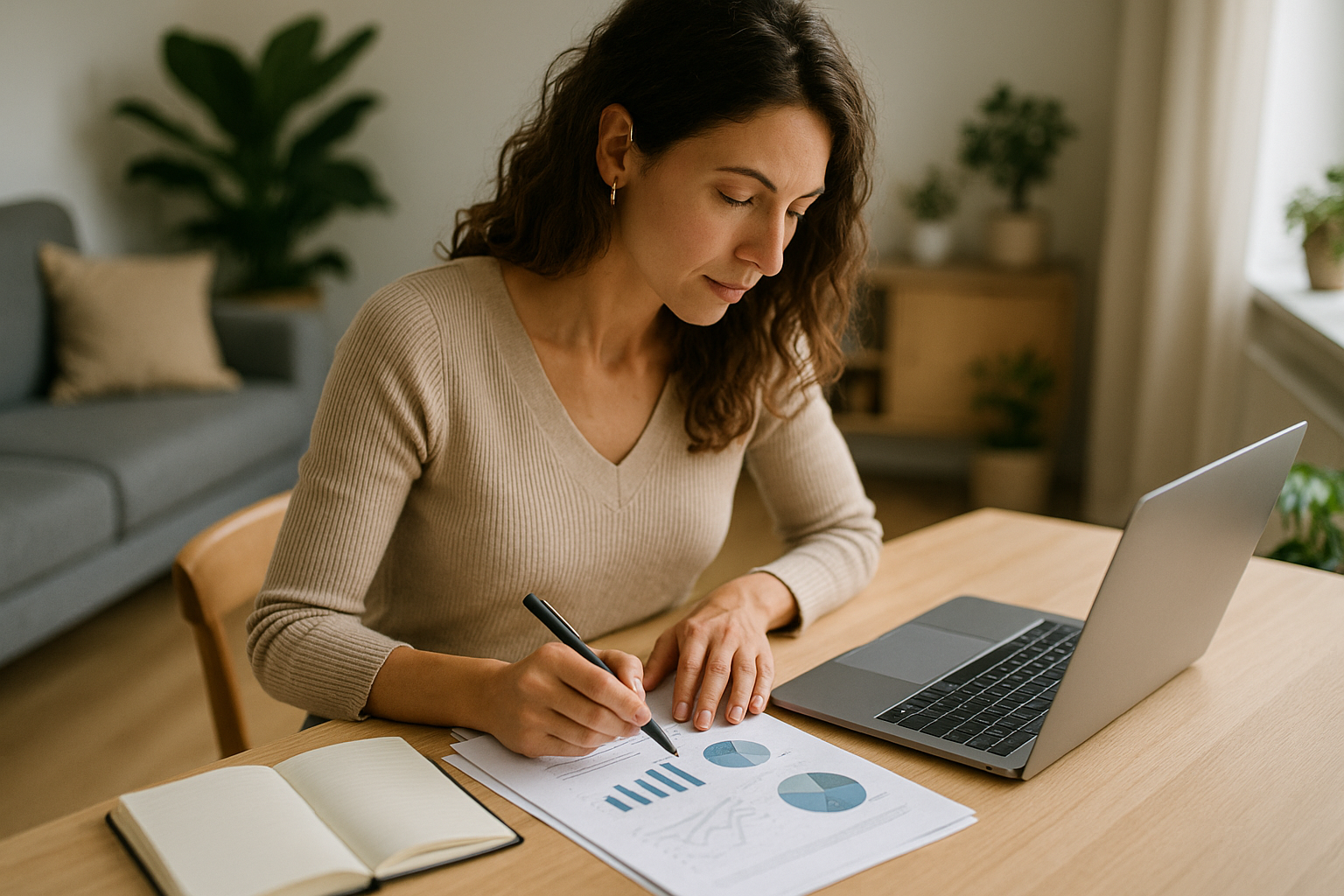 Donna che valuta opzioni di protezione economica e gestione del rischio con documenti e laptop