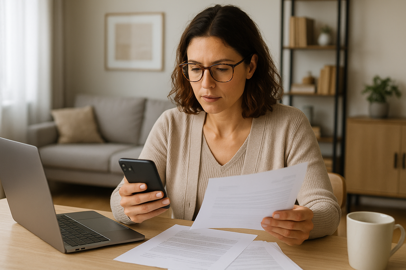 Donna che gestisce servizi assicurativi digitali dallo smartphone in casa