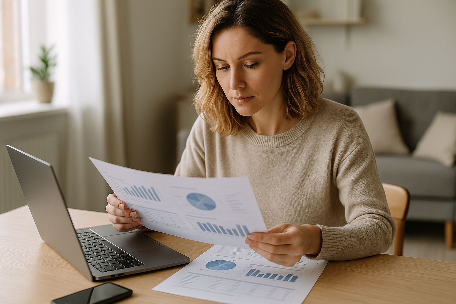 Donna che gestisce documenti assicurativi e finanza personale con laptop e smartphone