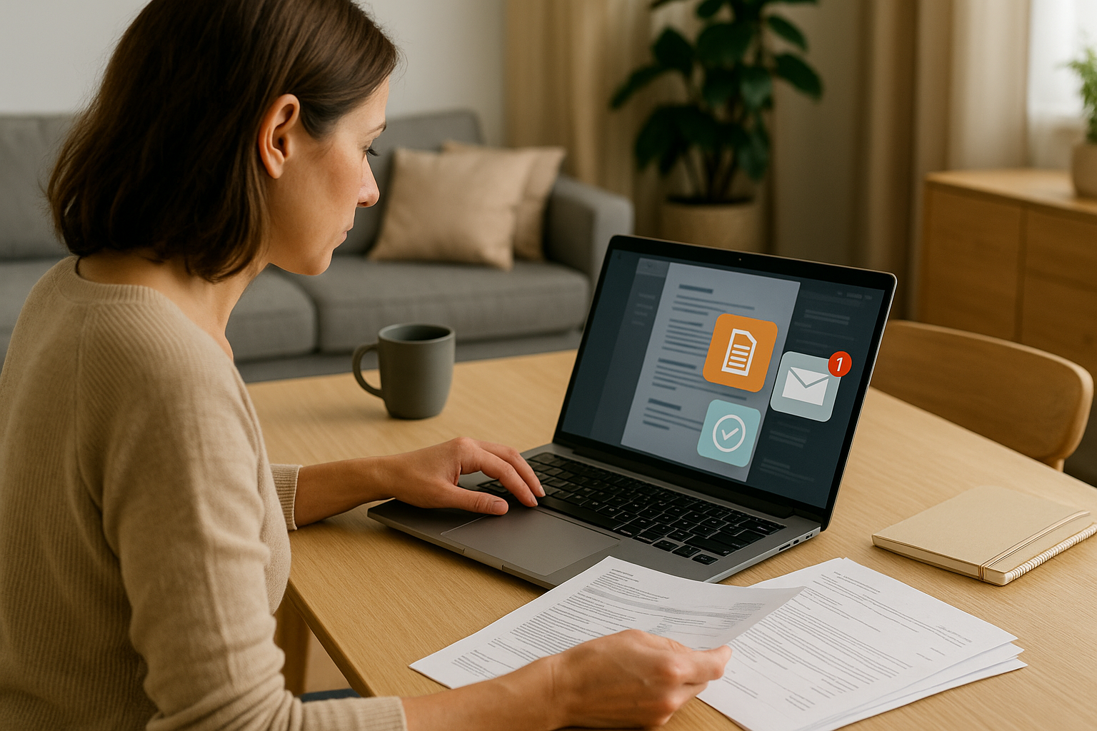 Donna che gestisce servizi assicurativi digitali dal laptop in casa