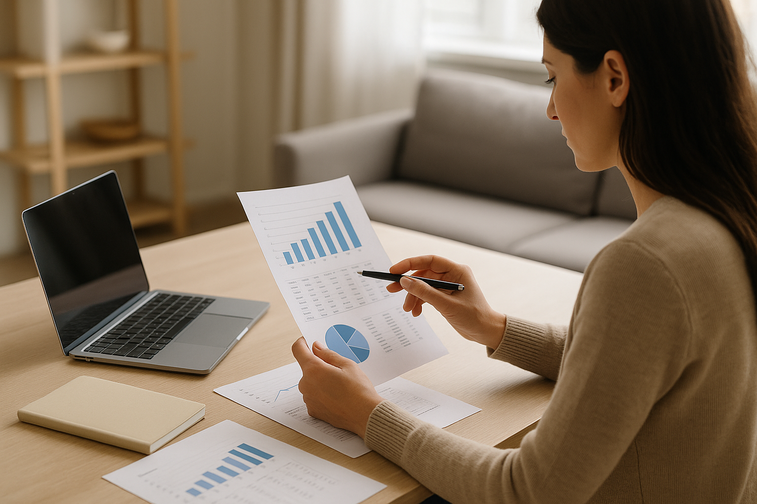 Donna che valuta la propria protezione economica leggendo documenti assicurativi e finanziari