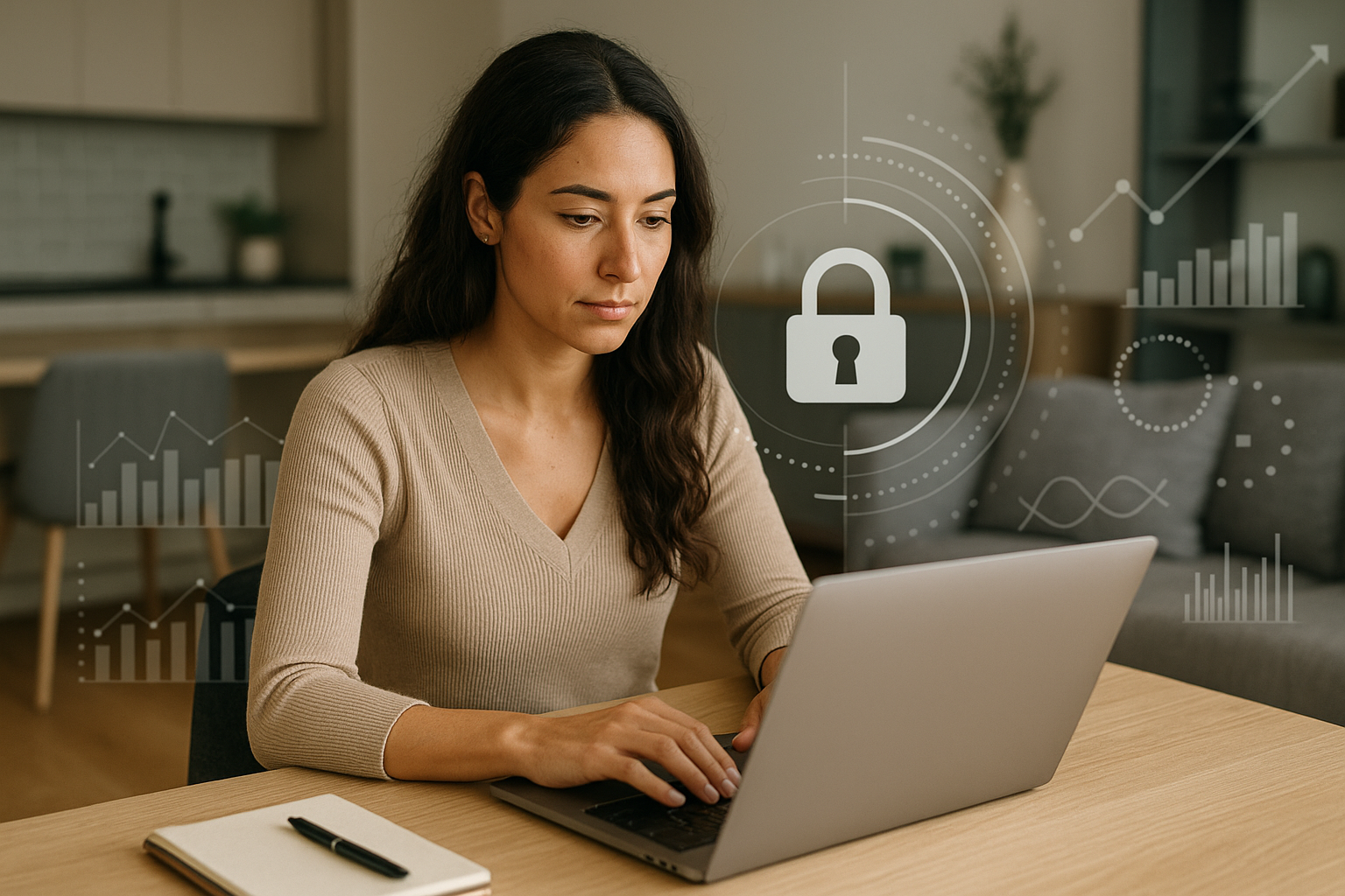 Donna al computer che valuta servizi assicurativi digitali e opportunità professionali online