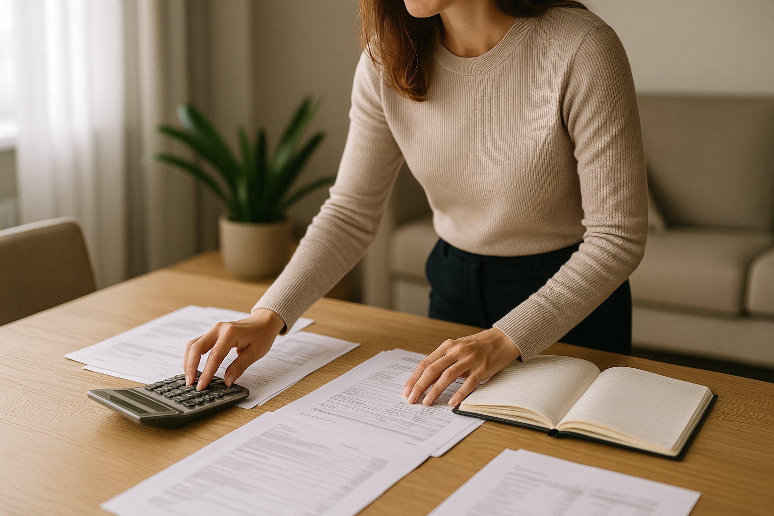 Donna che pianifica il budget domestico e gestisce documenti finanziari per migliorare la stabilità economica