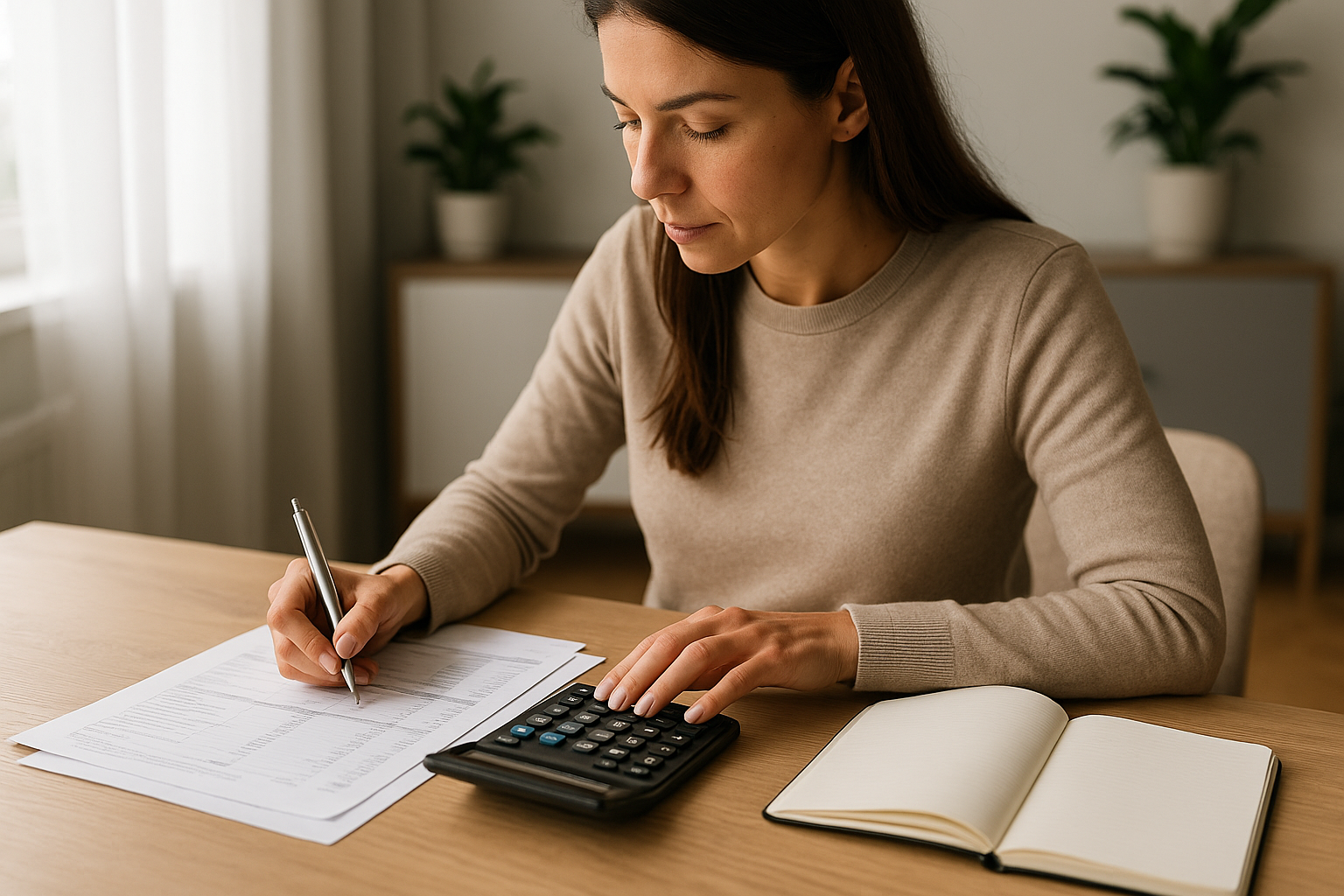Donna che organizza budget e documenti per pianificare la sicurezza economica