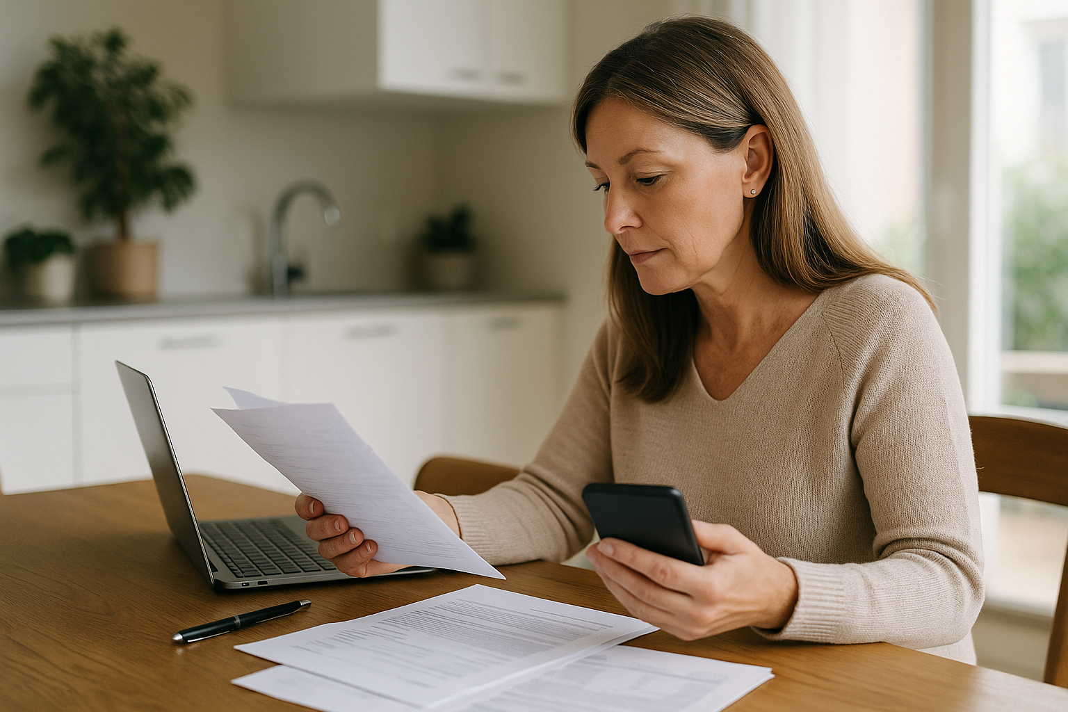Donna che valuta servizi assicurativi da smartphone e documenti in casa