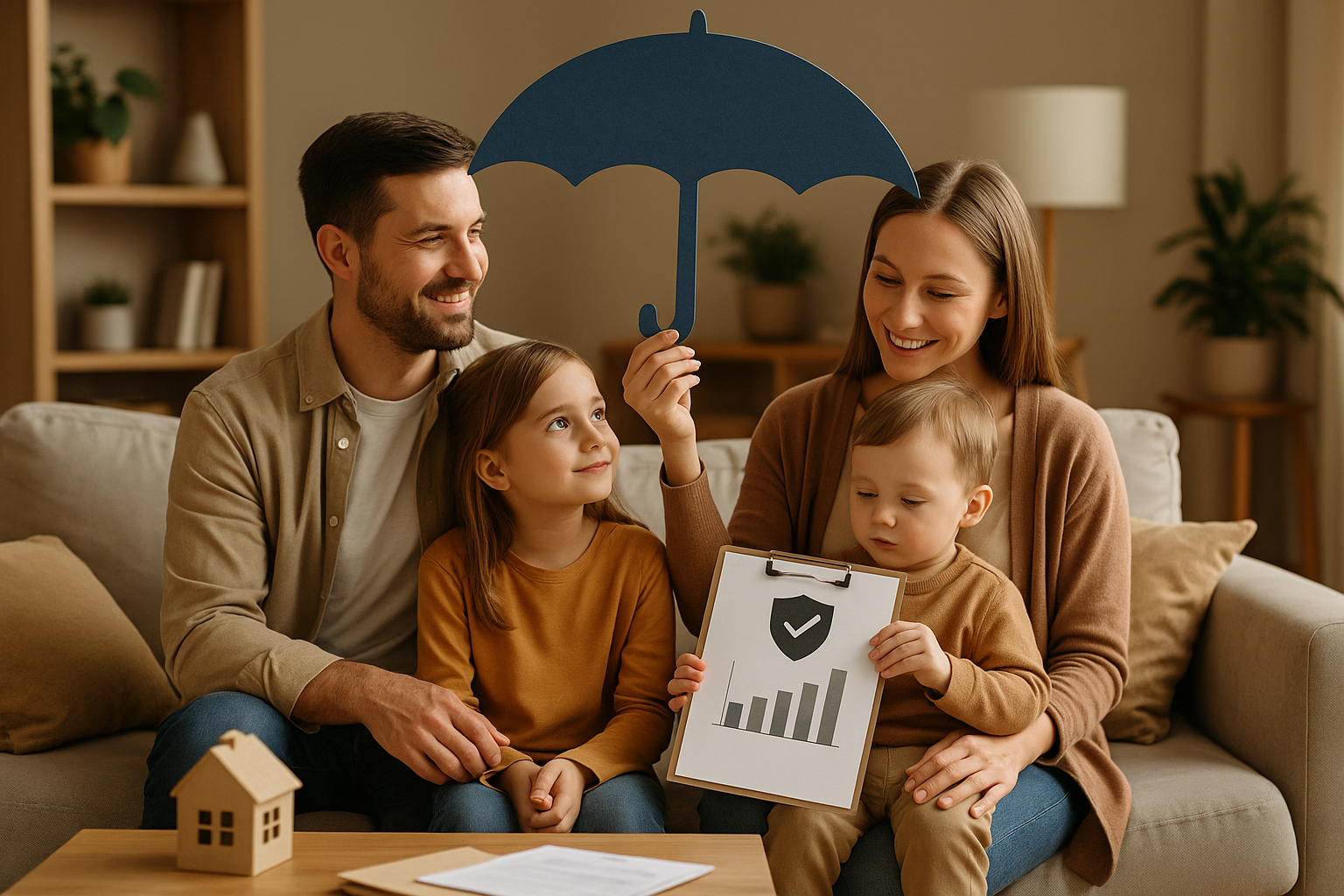 Famiglia in casa con simboli di protezione economica e pianificazione assicurativa