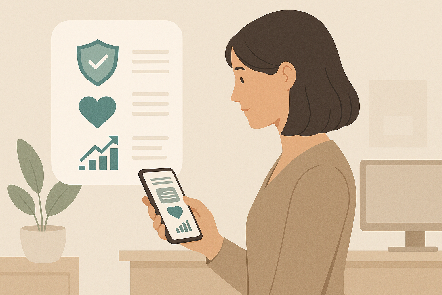 Donna che usa un'app per gestire finanze e coperture assicurative in modo integrato