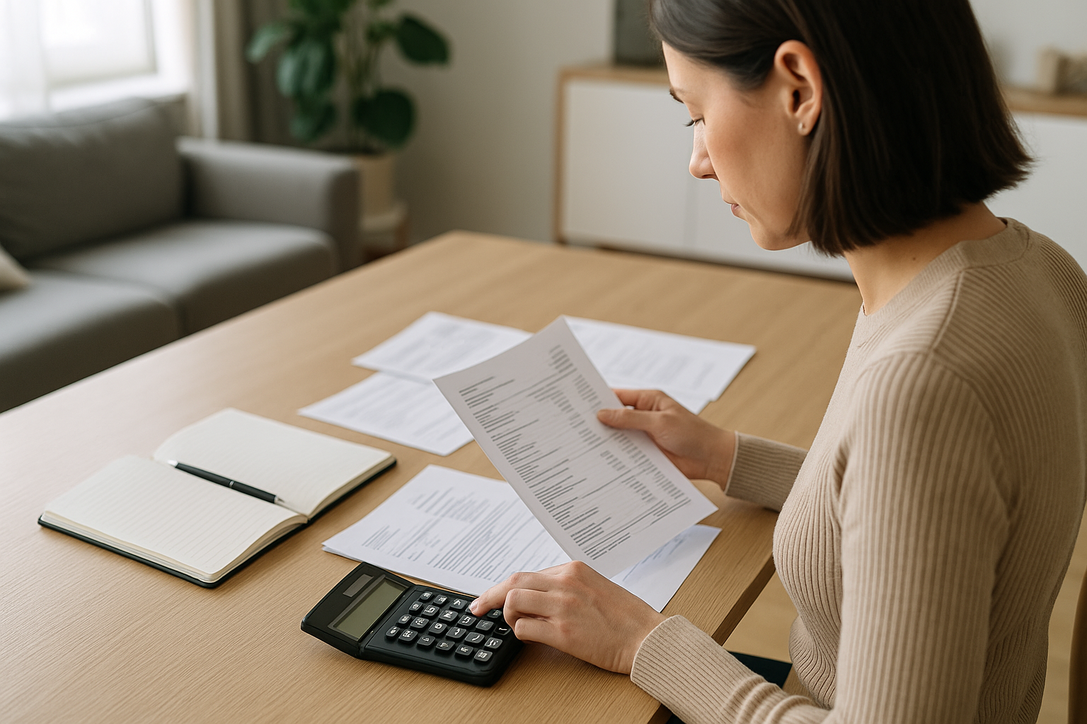 Donna che pianifica la sicurezza finanziaria con documenti e calcoli domestici