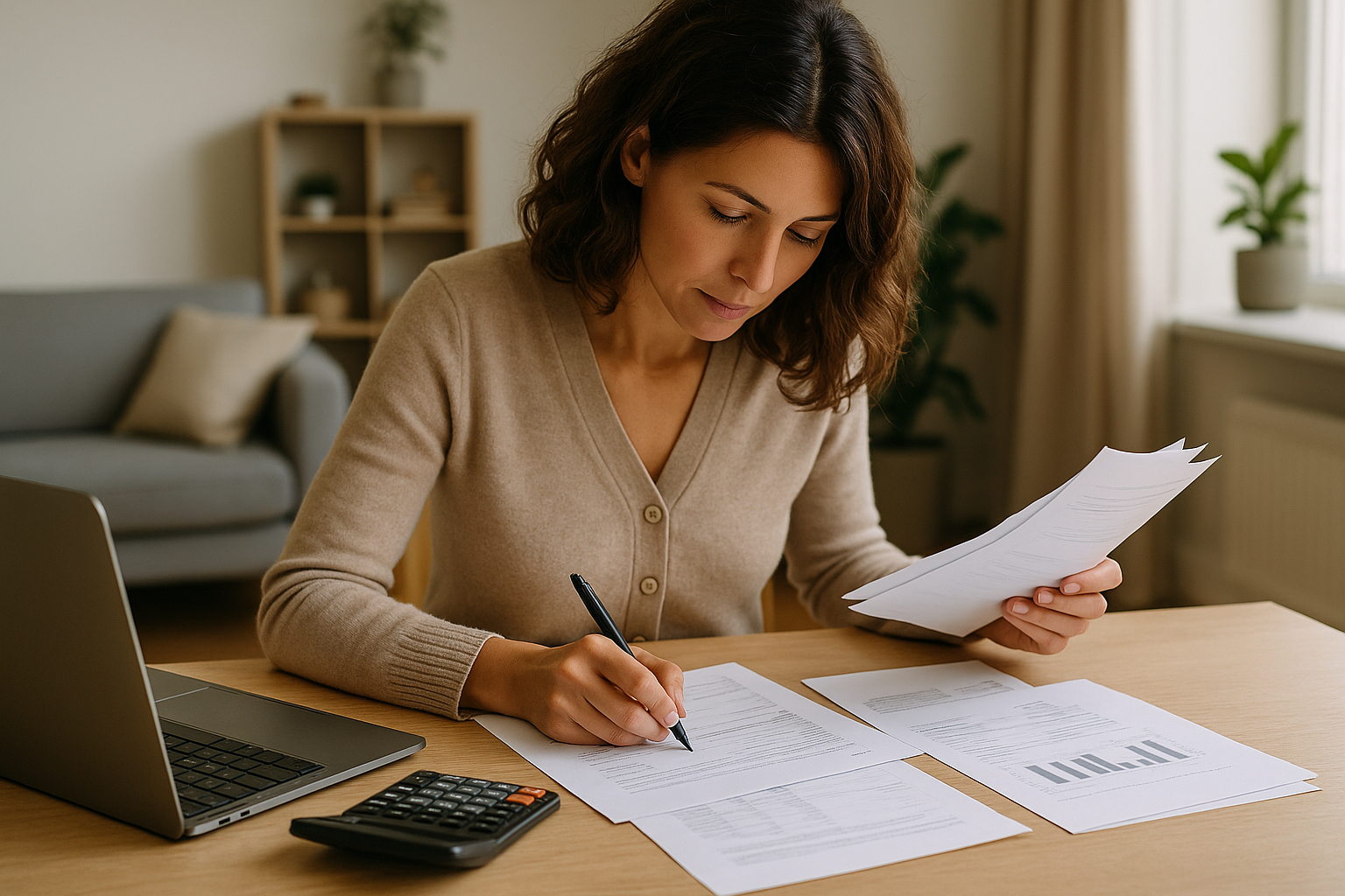 Donna che pianifica il bilancio familiare con documenti e calcolatrice per migliorare la sicurezza economica