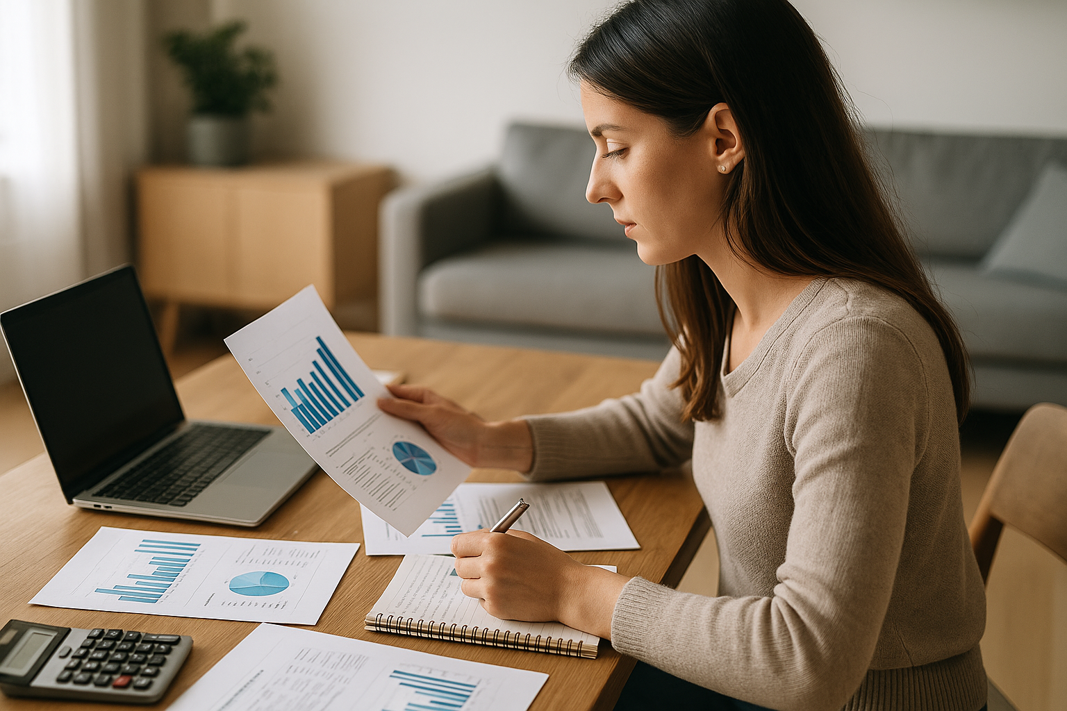 Donna che pianifica la propria strategia assicurativa con documenti e appunti