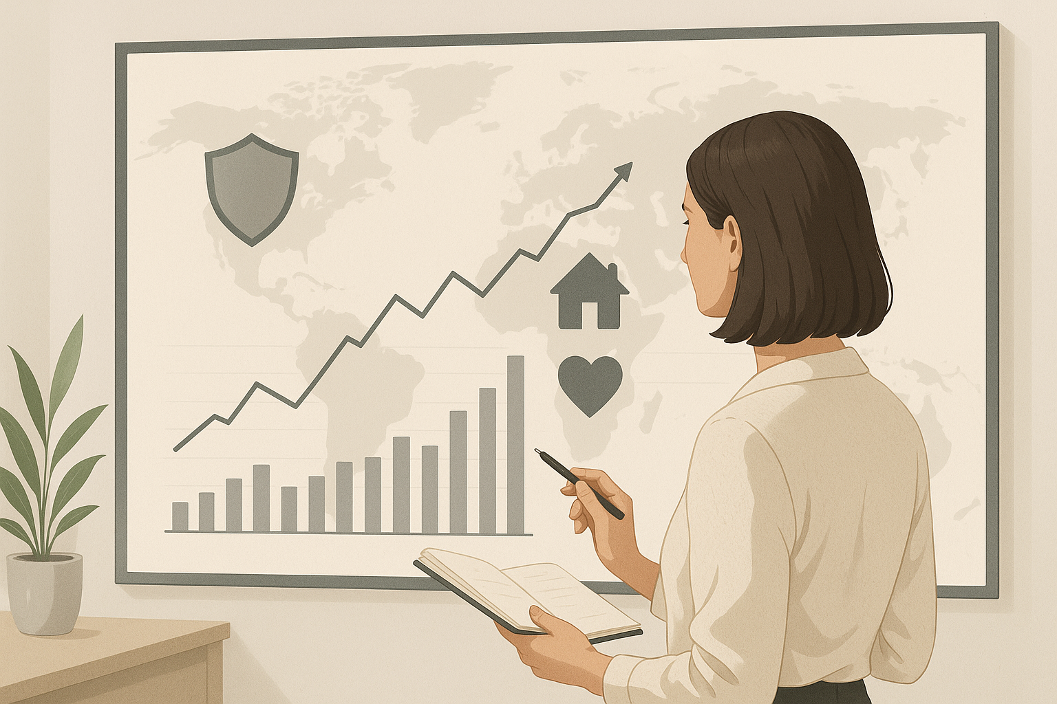 Donna che analizza dati economici e simboli di protezione legati al settore assicurativo nell’economia globale