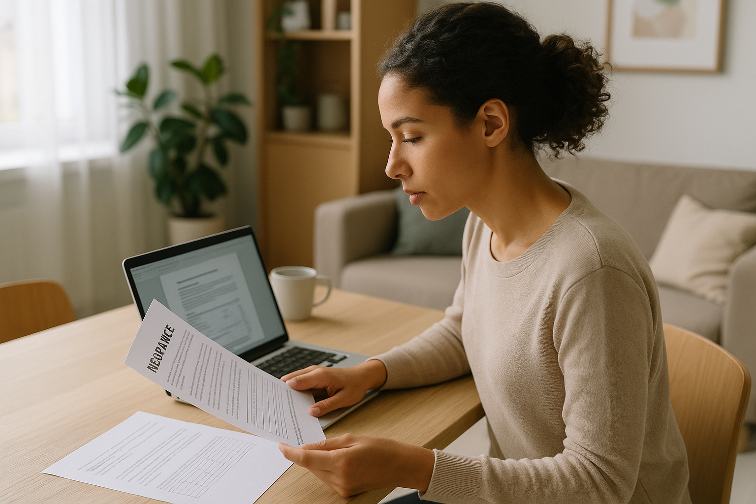 Donna che valuta una polizza assicurativa online con documenti e laptop in casa